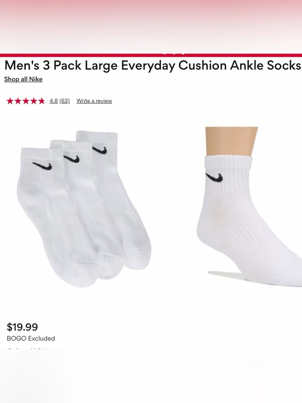 NWT-Nike Men's 3-Pack Everyday Cushion Ankle Socks - White